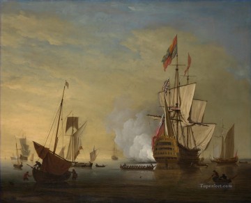  navales Obras - Peter Monamy attrib Escena del puerto Un barco inglés con velas sueltas disparando un arma Batallas navales